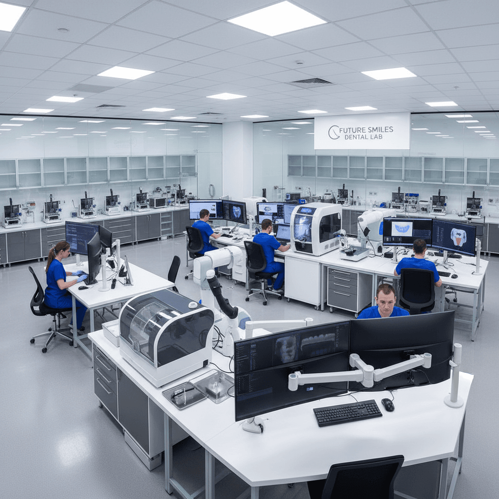 Modern dental laboratory with advanced milling machines and digital equipment